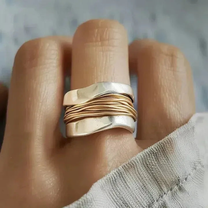 Silver Golden Threads Ring - Agnes Jewels