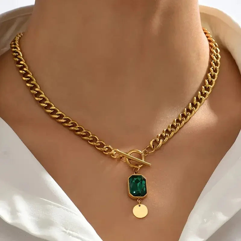 Chunky Chain Emerald Pendant Necklace | Gold - Agnes Jewels