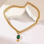 Chunky Chain Emerald Pendant Necklace | Gold - Agnes Jewels