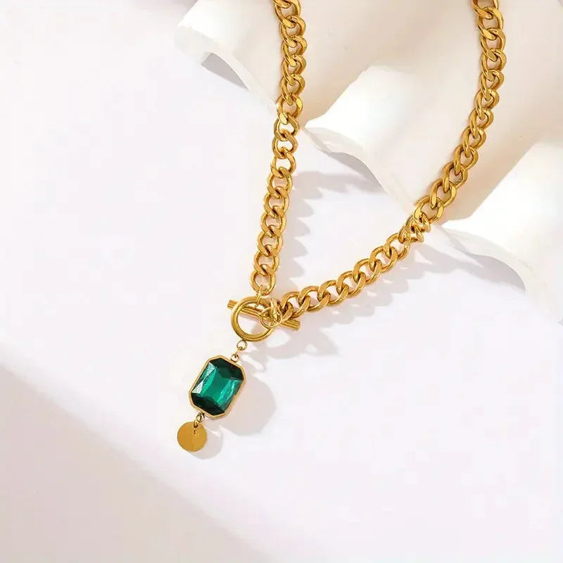 Chunky Chain Emerald Pendant Necklace | Gold - Agnes Jewels