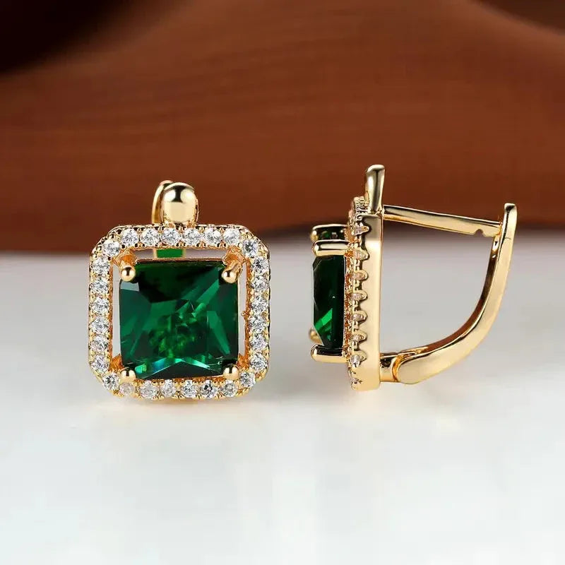 Golden Green Square Zirconia Earrings | Gold - Agnes Jewels