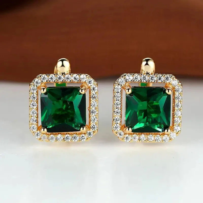 Golden Green Square Zirconia Earrings | Gold - Agnes Jewels