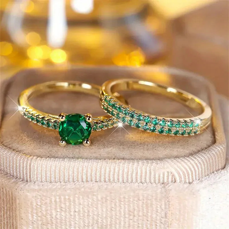 Serena Emerald Duo Ring Set | Gold - Agnes Jewels